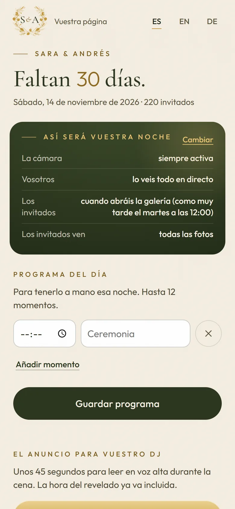 Página de los novios antes de la boda