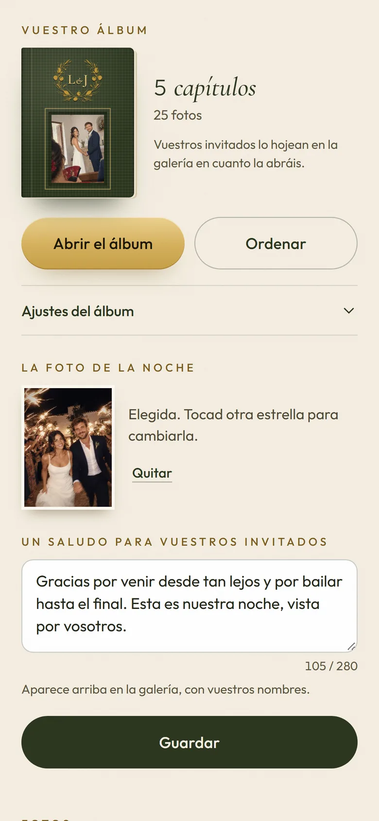 Sección del álbum en la página de los novios