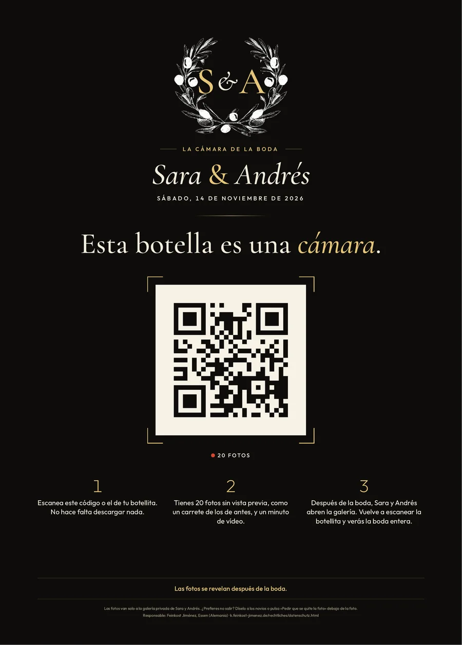 Cartel de bienvenida: Esta botella es una cámara, con el código y los tres pasos